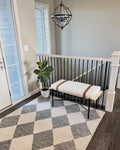 Nathan James Thatcher Upholstered Entryway Bench with Removable Boucle Cushion, Vegan Leather Straps, and Matte Black Metal Legs
