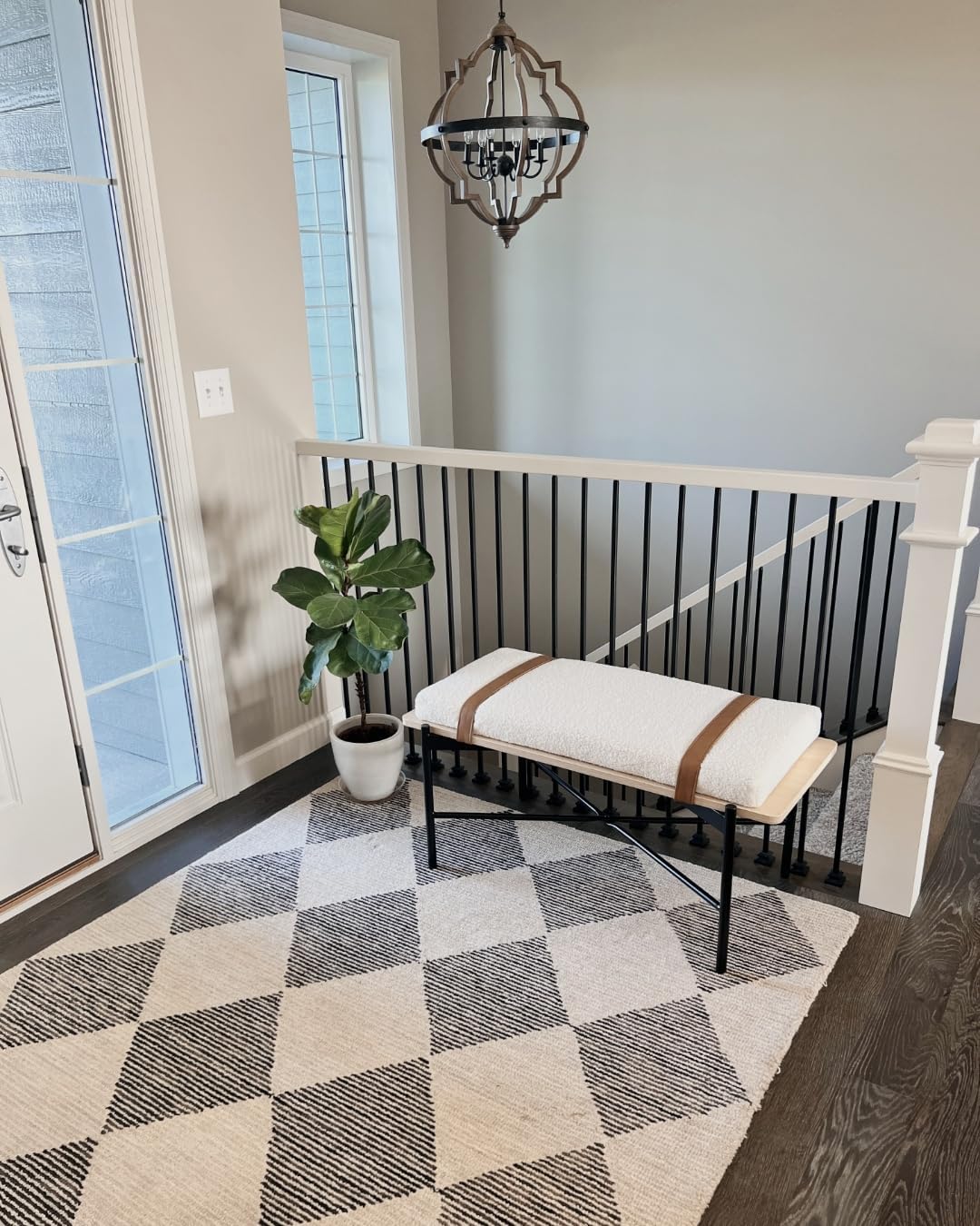 Nathan James Thatcher Upholstered Entryway Bench with Removable Boucle Cushion, Vegan Leather Straps, and Matte Black Metal Legs
