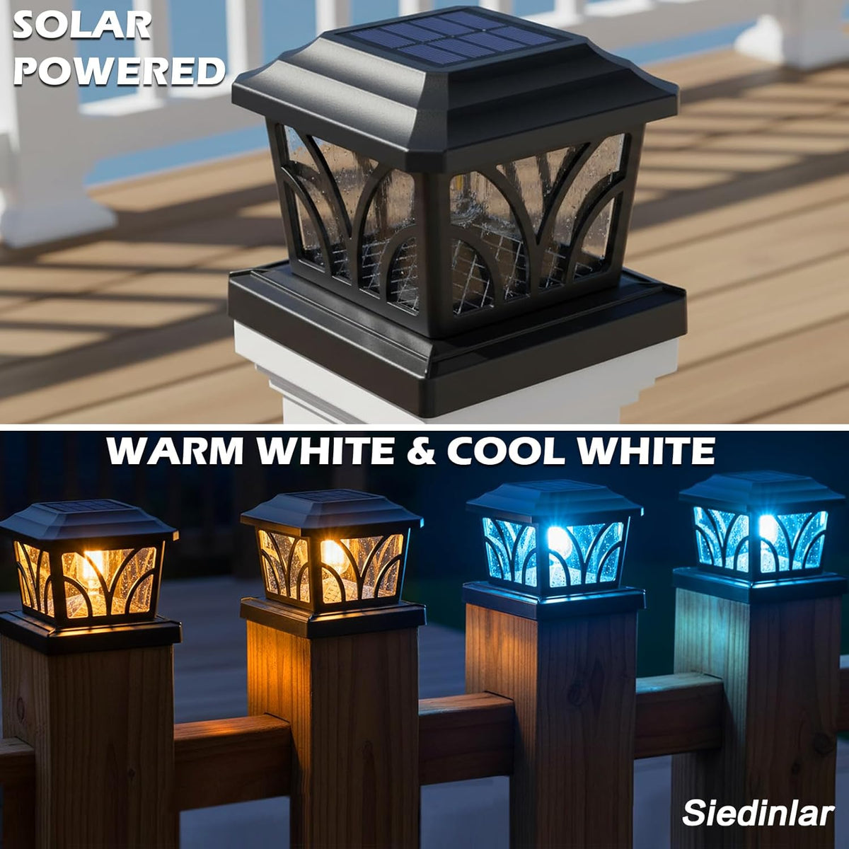 SIEDiNLAR Solar Post Cap Lights Outdoor Aluminum Glass 2 Modes 6 Pack Black