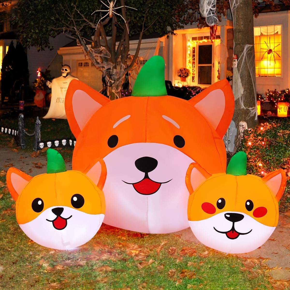 GOOSH 5 FT Long Halloween Inflatables Pumpkin Dog Outdoor Decorations Blow Up Yard Dog Head Combo Decoration with Built-in LEDs for Indoor Party Garden Lawn Holiday Decor