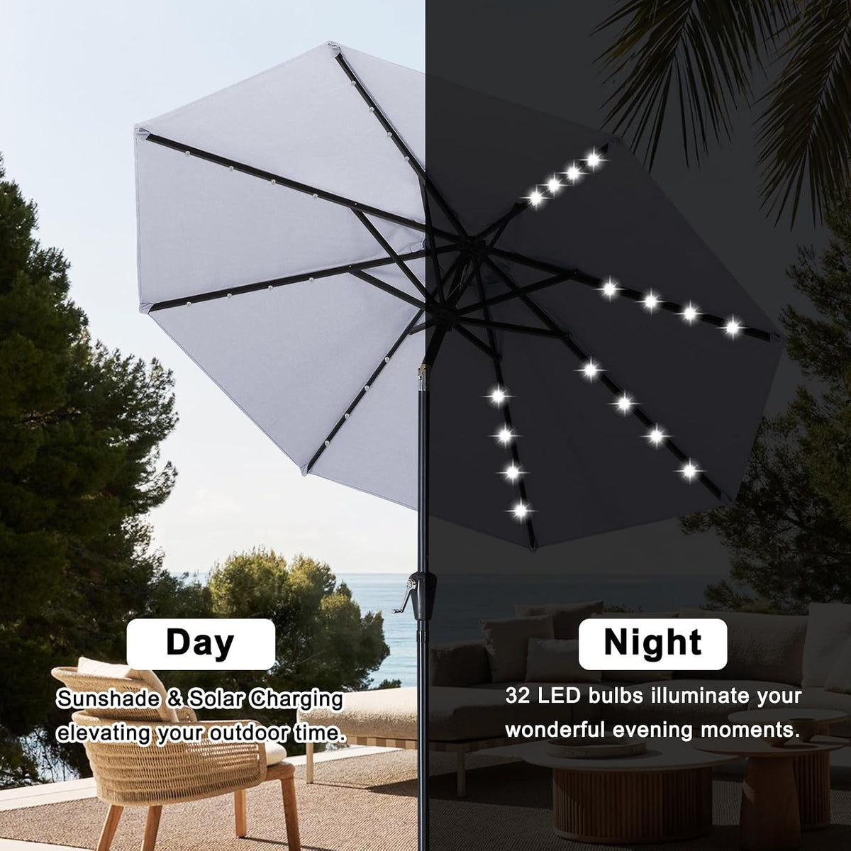 ABCCANOPY Solar Led Patio Umbrella with 32 Lights 9FT(Light Gray)