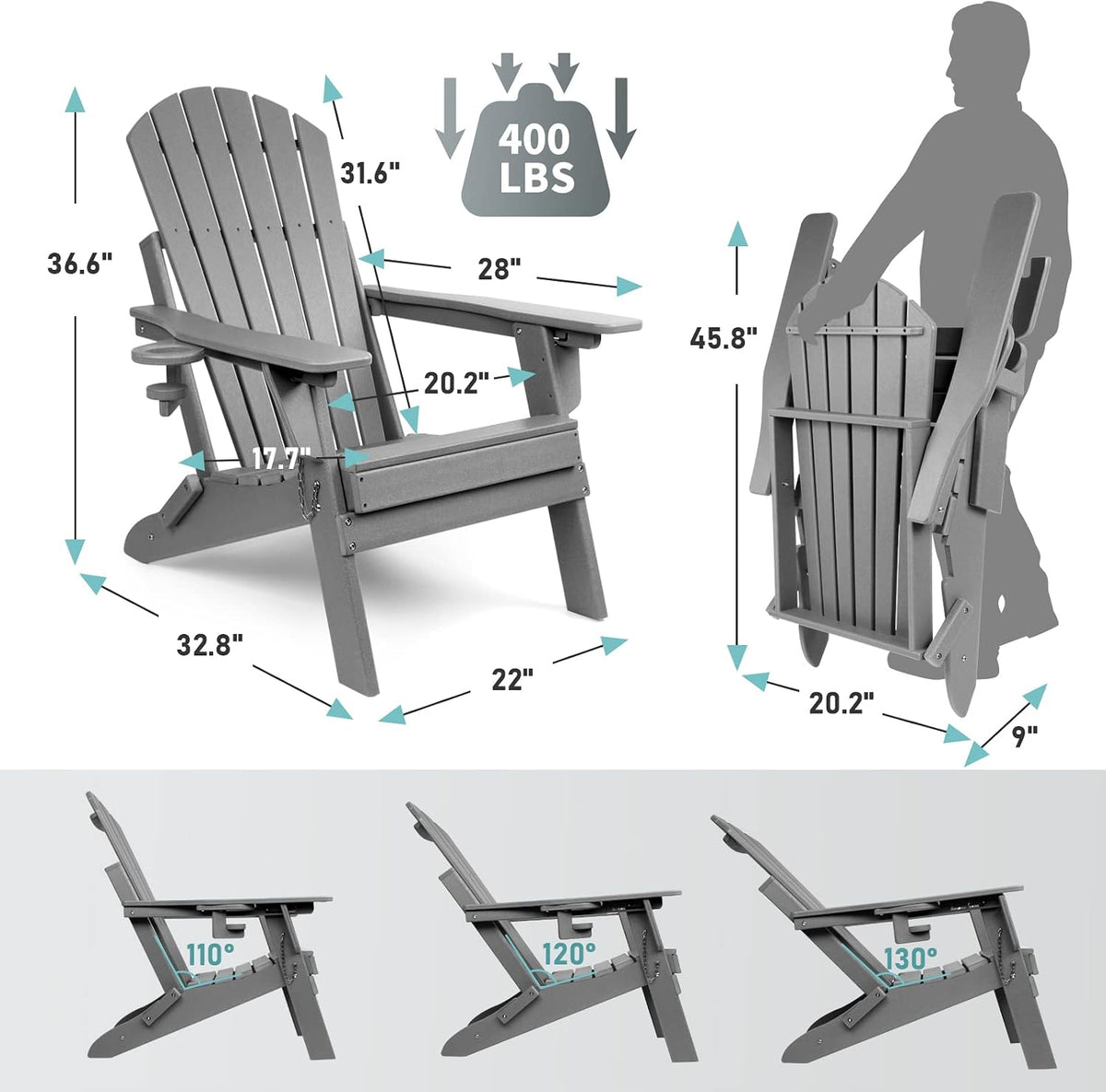 FUNBERRY Oversized Folding Adirondack Chair with Adjustable Backrest 400LBS
