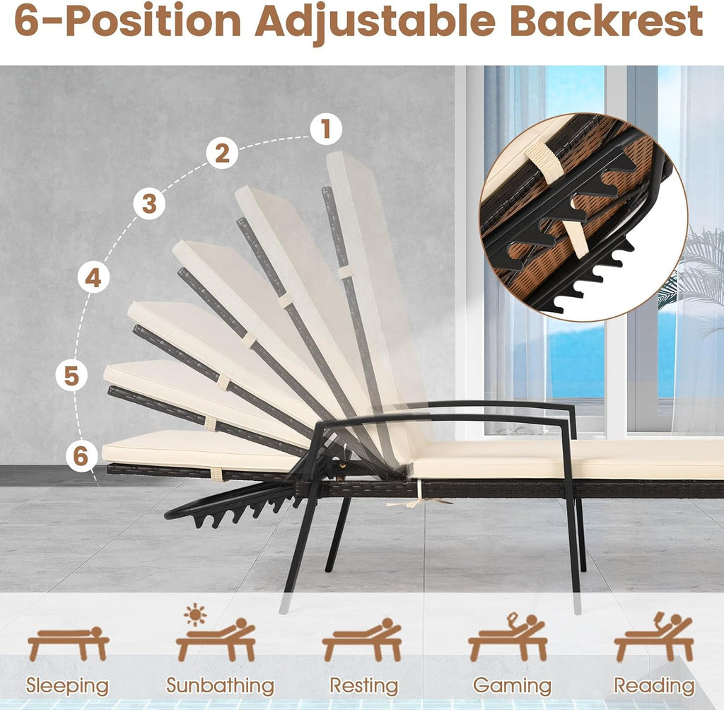 Tangkula Set of 2 Patio Furniture Outdoor Rattan Wicker Lounge Chair Set Adjustable Poolside Chaise with Armrest and Removable Cushions