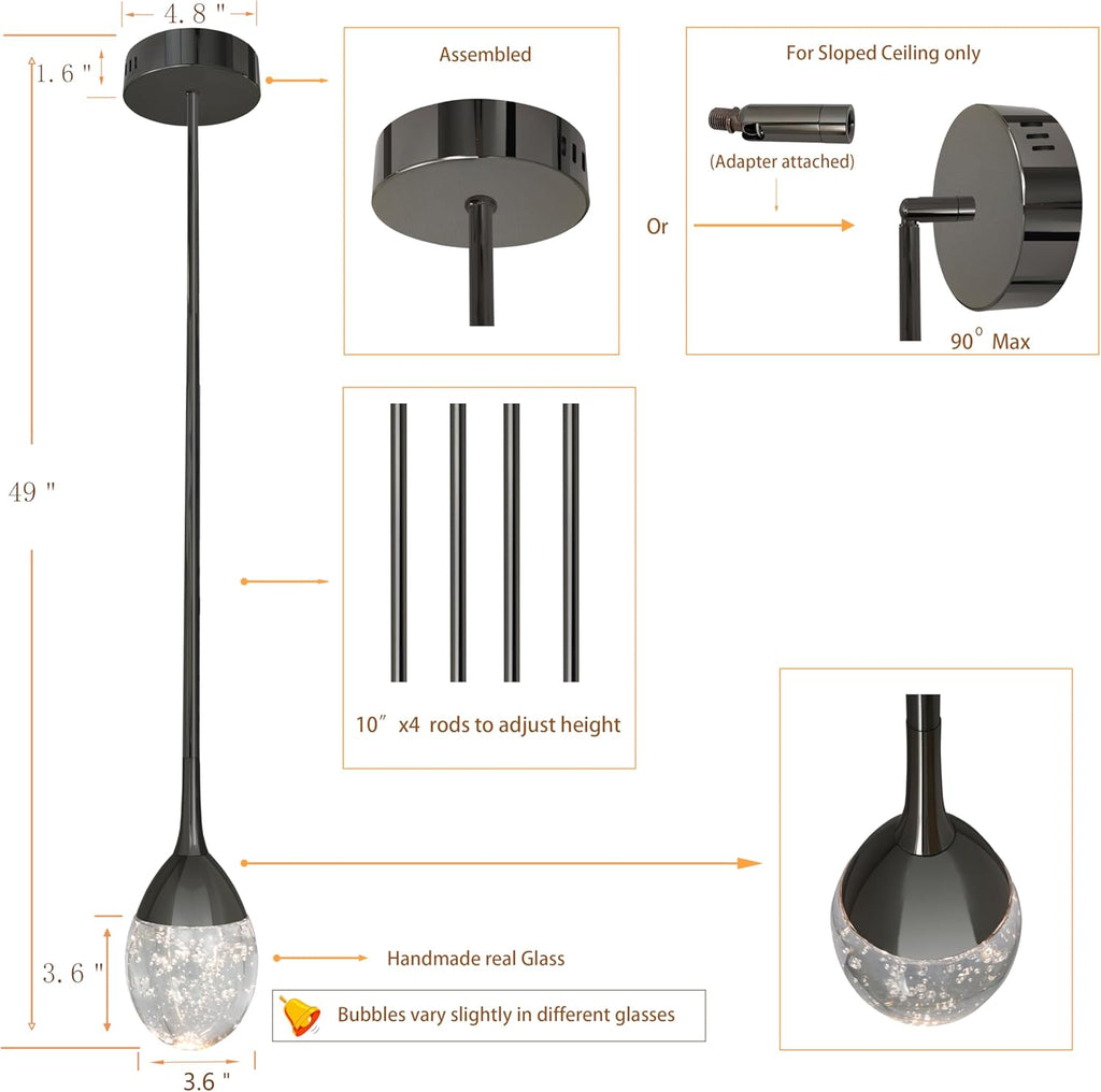 Teardrop Crystal Pendant Light, Black Hanging Ceiling Lighting Fixtures, Modern LED Bubble Kitchen Bar Lights Dimmable with Adjustable Metal Rods for Bathroom Dining Room