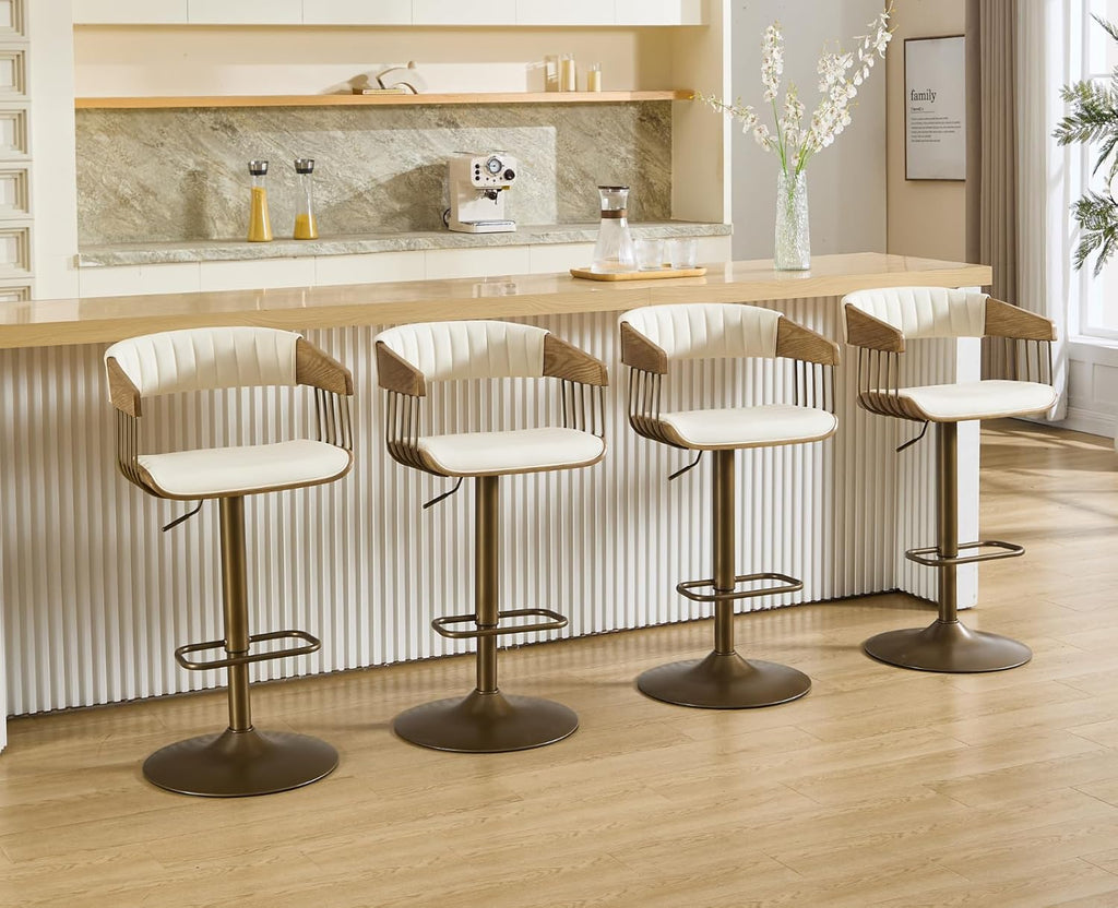 CIMOTA Swivel Adjustable Bar Stools Set of 2, Mid-Century Modern Counter Stools Bar Chairs with Barrel Wood Back and Arms for Bar/Kitchen Island/Dining, 25-32.5 Inch Seat Height, PU Leather White