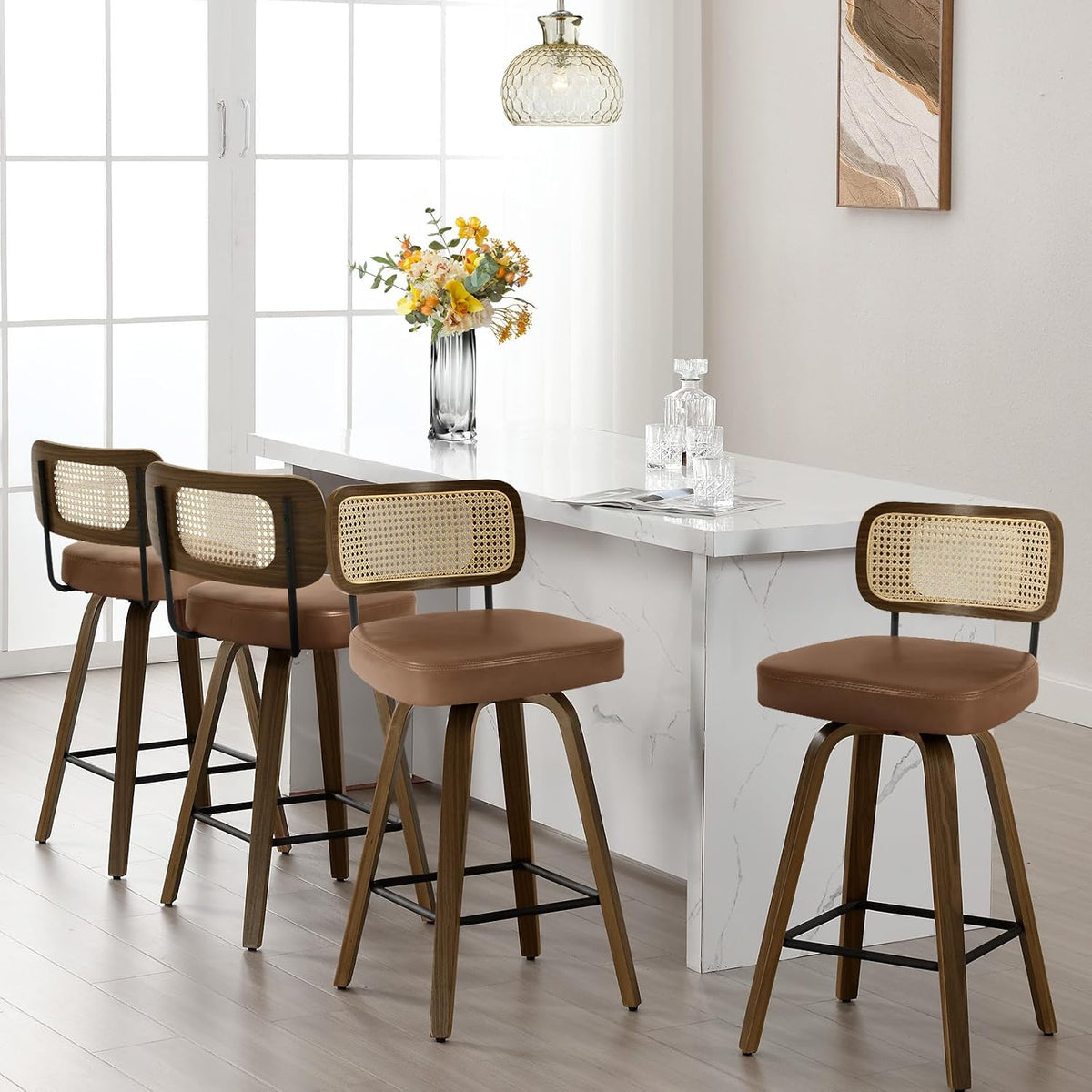Bekrvio Swivel Bar Stools Set of 4, Upholstered Faux Leather Barstools with Rattan Back, 29" Seat Height Bar Chairs for Kitchen Island, Bentwood Wood Frame, Brown