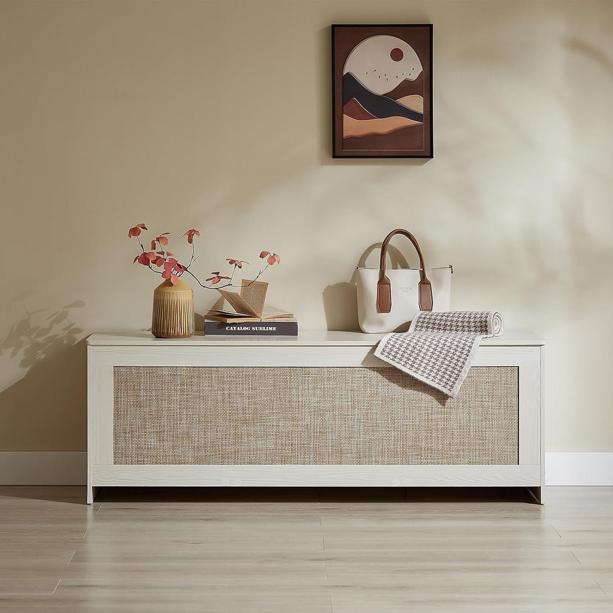 51.2" Storage Chest Large,Wooden Rattan Storage Bench.(White Cream)