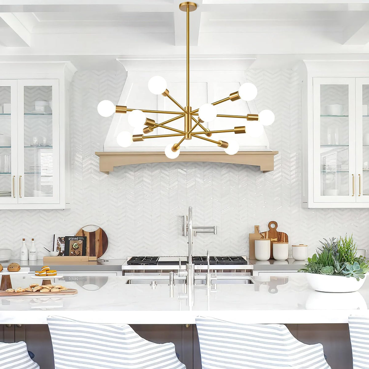11"-52" Height Adjustable Modern Chandelier Ceiling Light Fixture, 12-Light Sputnik Chandeliers Brushed Gold Mid Century Chandelier Over Table, Chandeliers for Dining Room Living (Bulbs Not Included)