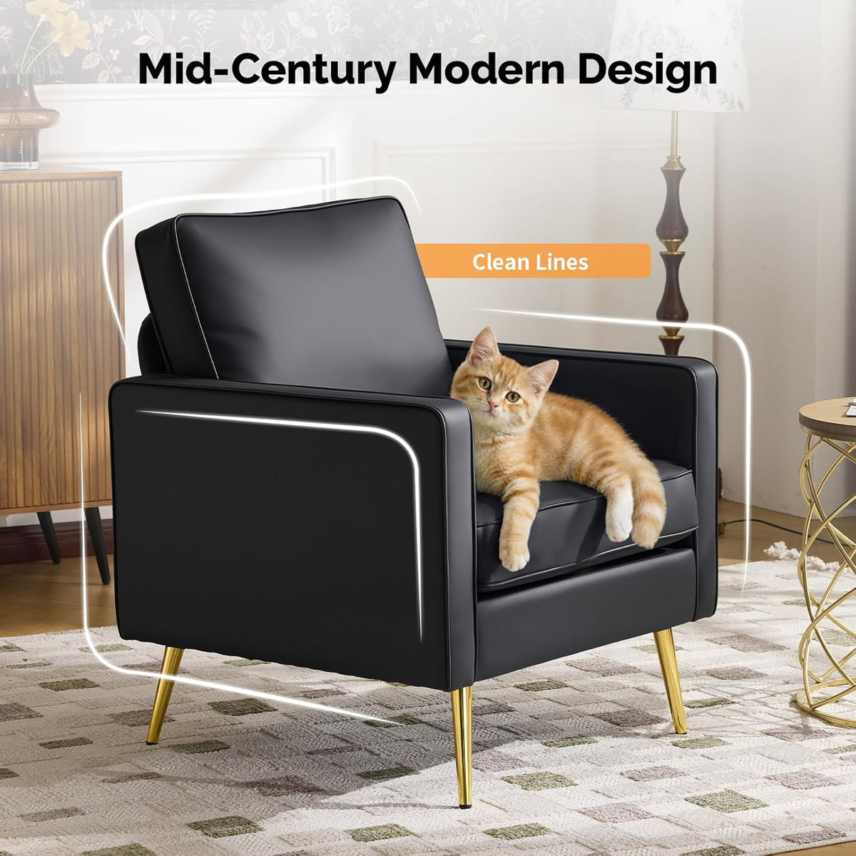 VINGLI Faux Leather Accent Chair with Gold Leg for Living Room, Small Space