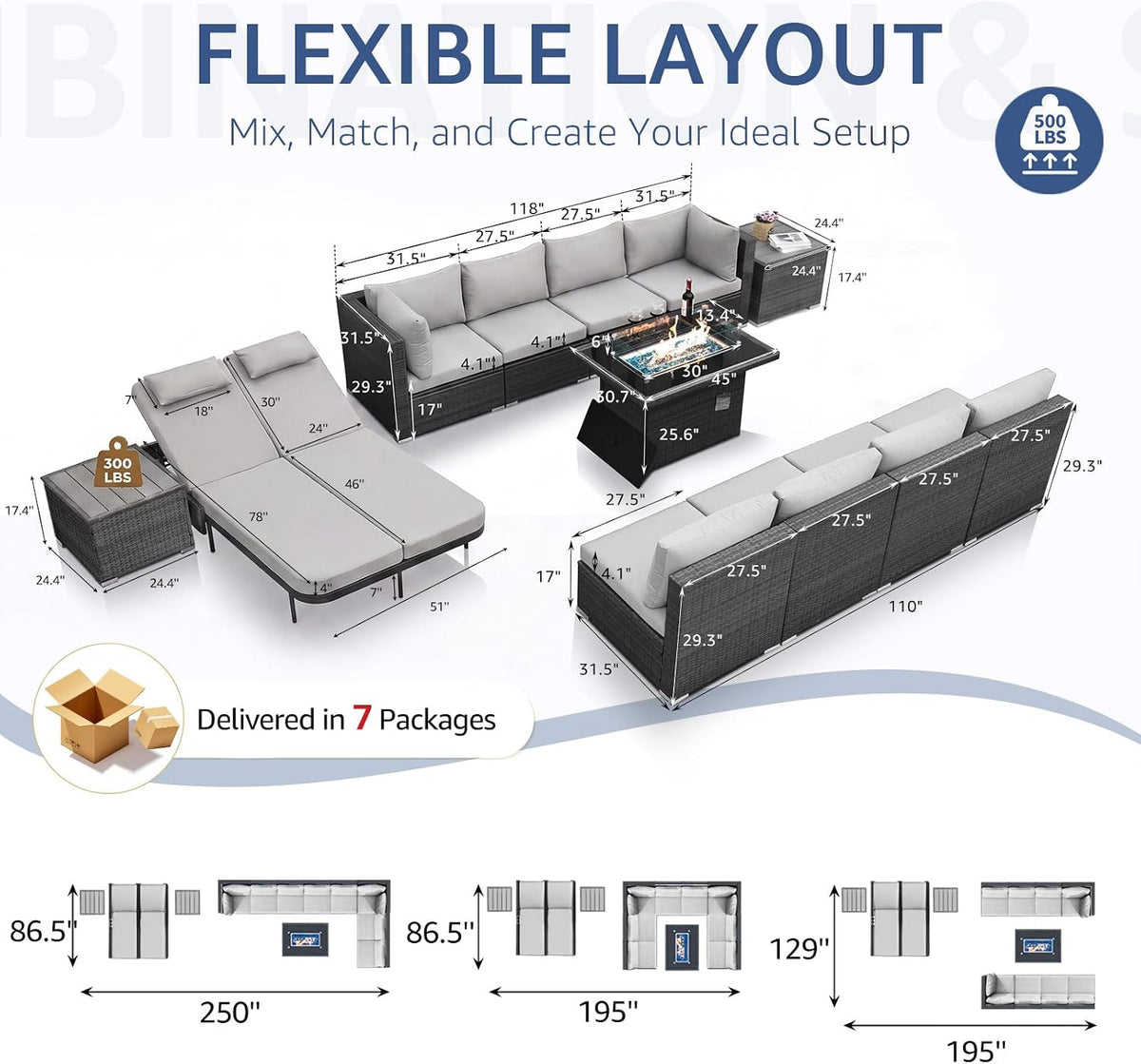 NICESOUL 13 Piece Outdoor Sectional w/Fire Pit Table, Luxury Modular Patio Furniture Set w/Chaise Lounge, Plus 29.3'' High-Back Seating Sofa, All-Weather Deck Couch for Poolside, Yard, Light Grey