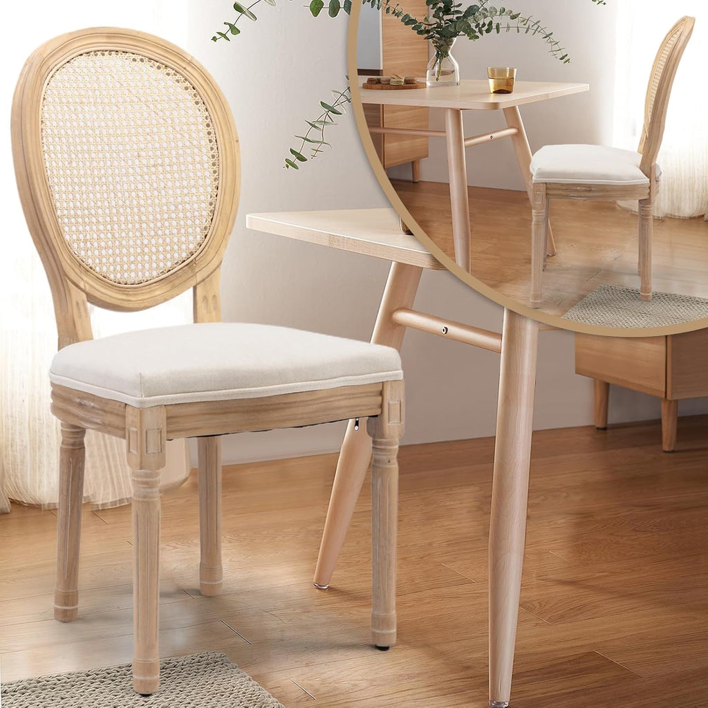 French Country Dining Chairs, Beige Rattan, Set of 6