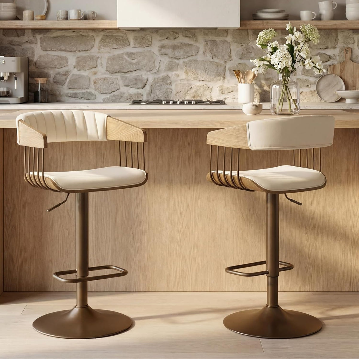 CIMOTA Swivel Adjustable Bar Stools Set of 2, Mid-Century Modern Counter Stools Bar Chairs with Barrel Wood Back and Arms for Bar/Kitchen Island/Dining, 25-32.5 Inch Seat Height, PU Leather White
