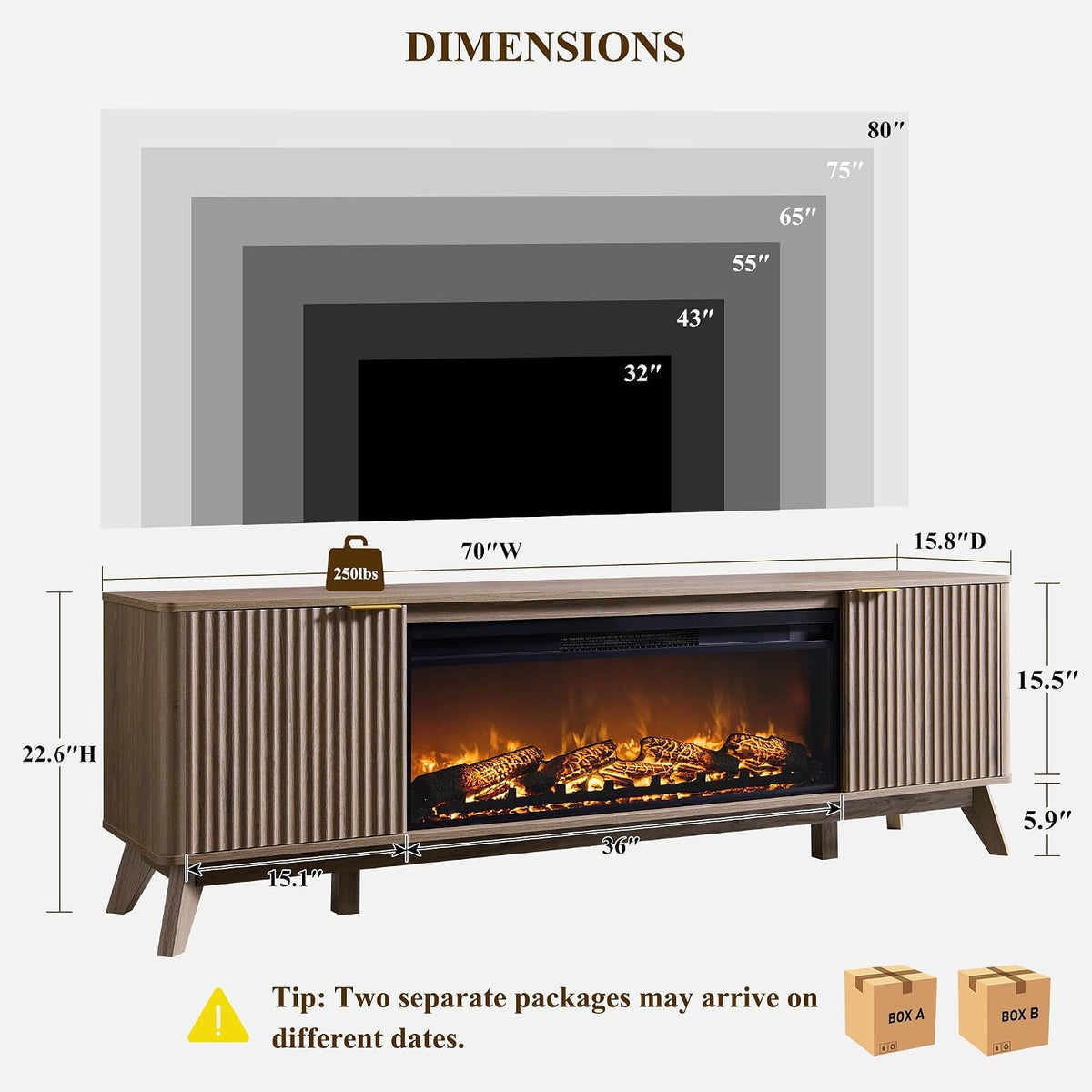 OKD 70" Fluted Fireplace TV Stand with 36" Electric Fireplace, Alder Grey
