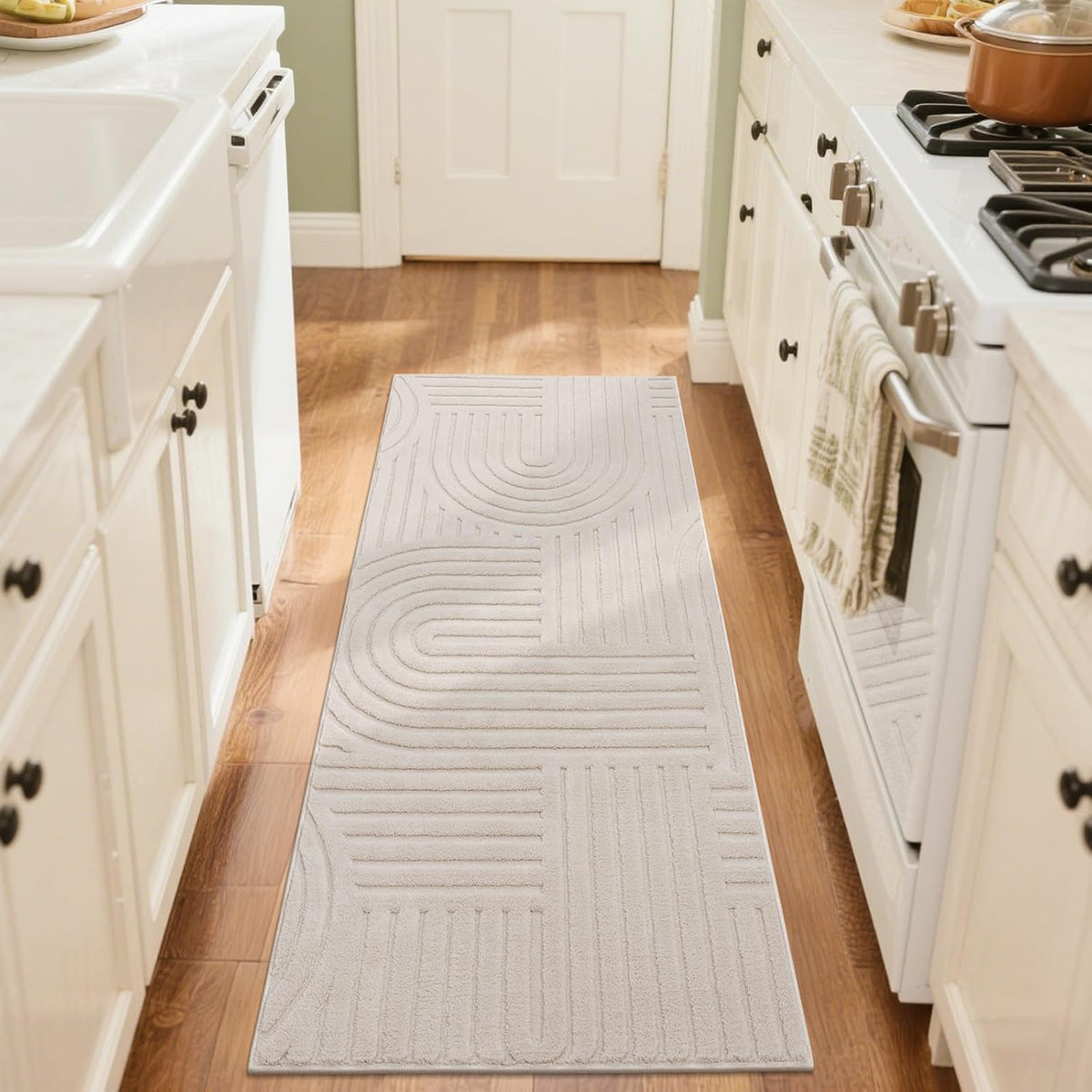 SHACOS Soft Cozy Fluffy Arch Pattern High Low Pile Runner Rugs 2'x6' Non Slip Washable Scandinavian Minimalist Rug Modern Geometric Arc Carpet for Living Room Bedroom Bathroom, Beige