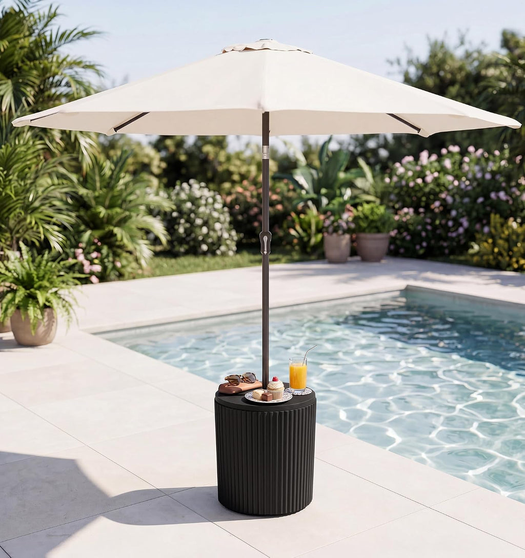 SERWALL Outdoor Round Umbrella Side Table,3-in-1 Multi-Functional Use,Black