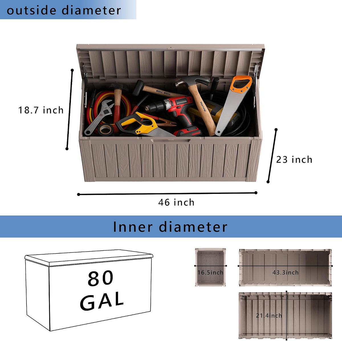 90 Gallon Waterproof Resin Deck Box, UV Resistant Outdoor Storage for Garden, Patio, Porch, Delivery（Black，80 Gallon）