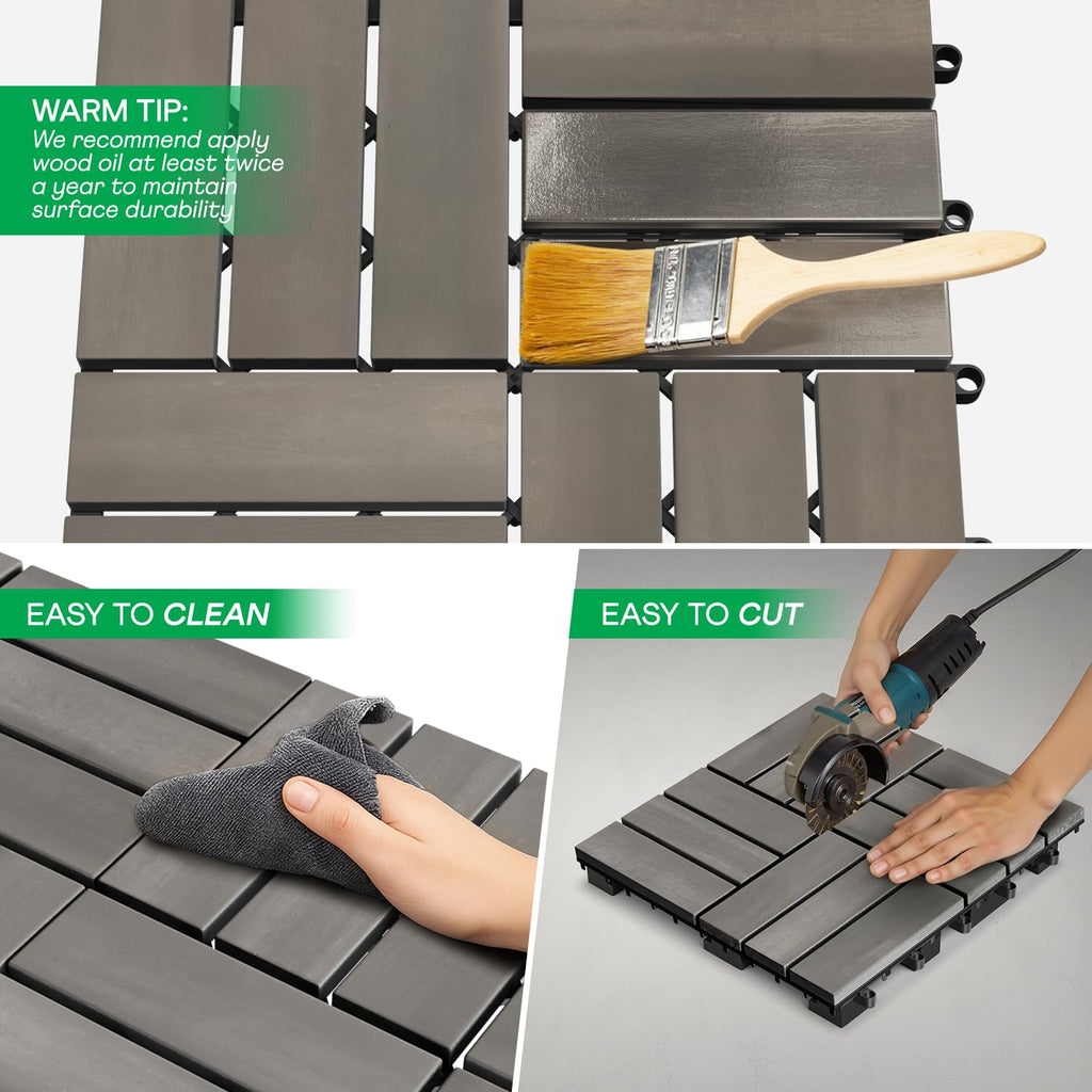 IDZO Interlocking Acacia Deck Tiles 9.6 SQFT, 10PCS, Gray, Checker
