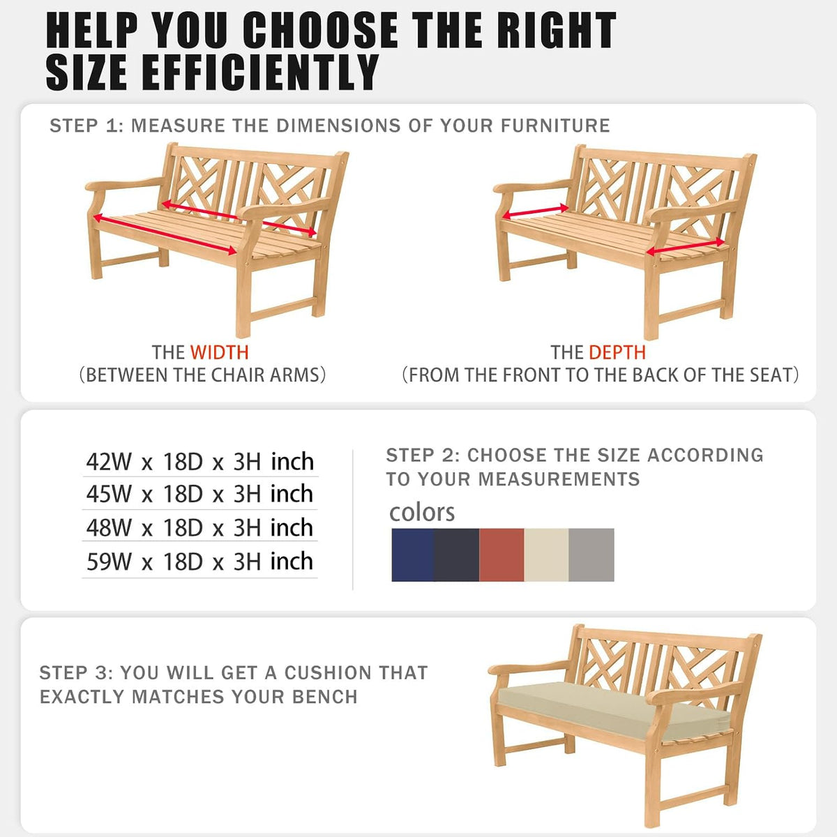 favoyard outdoor bench cushion, 45 x 18 inch showing dimensions