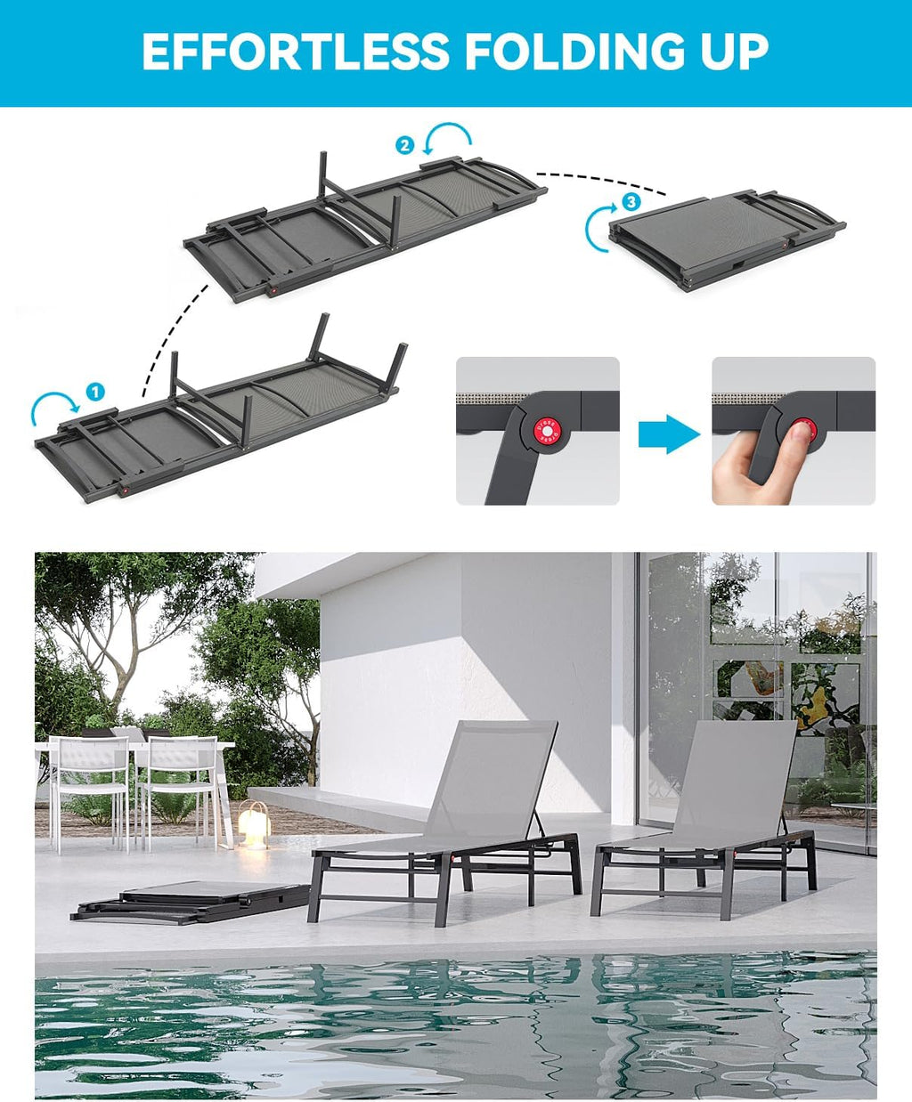 Aluminum Chaise Lounge Chair Outdoor, Foldable Patio Lounge Chair Assemble-Free, Pool Lounge Chairs with 5 Adjustable Backrest, Outdoor Lounge Chairs for Outside Poolside Beach Lawn Grey