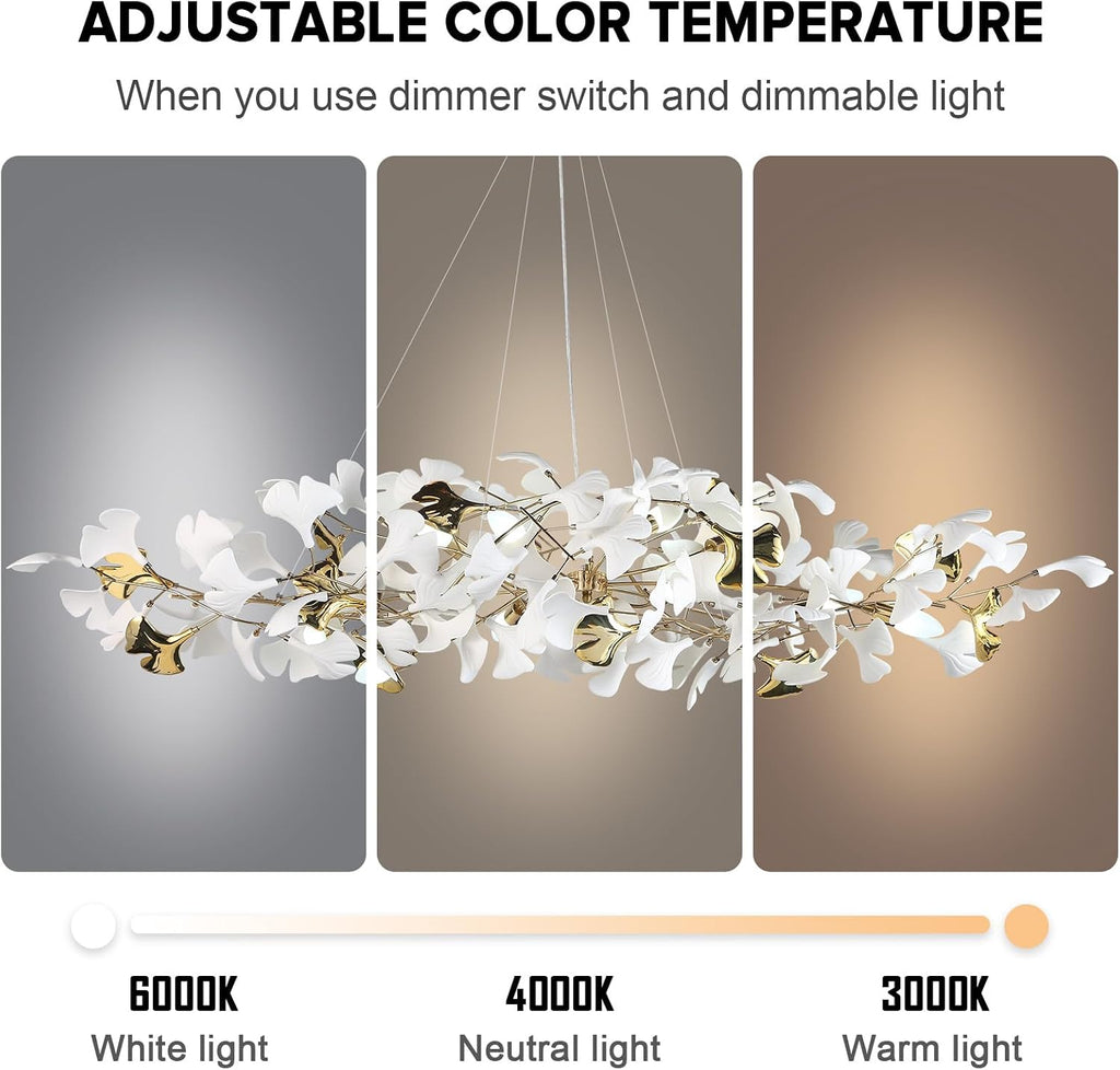 59 Inch White Rectangle Chandelier Gold Ceramic Ginkgo Leaf Chandeliers Brass Large Chandelier Modern Hanging Lights Fixture for Living Room Dining Room Kitchen Island,10-Light