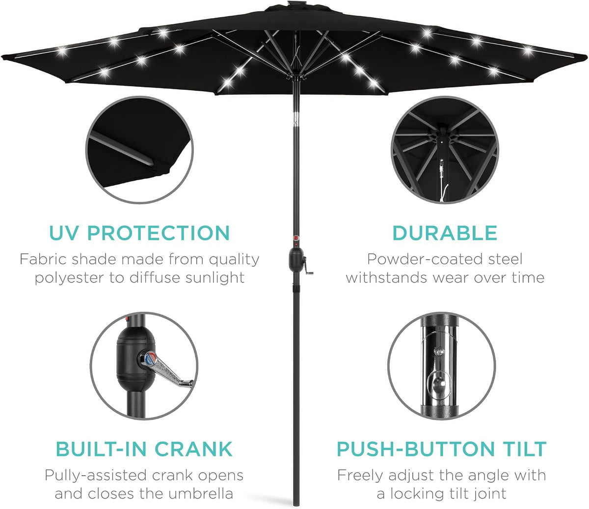 Best Choice Products 10ft Solar Polyester LED Lighted Patio Umbrella w/Tilt Adjustment and UV-Resistant Fabric