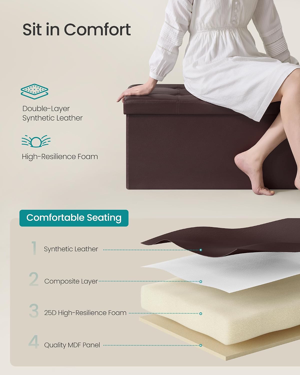 SONGMICS Storage Ottoman Bench, 43.3 Inches Folding Foot Rest Stool