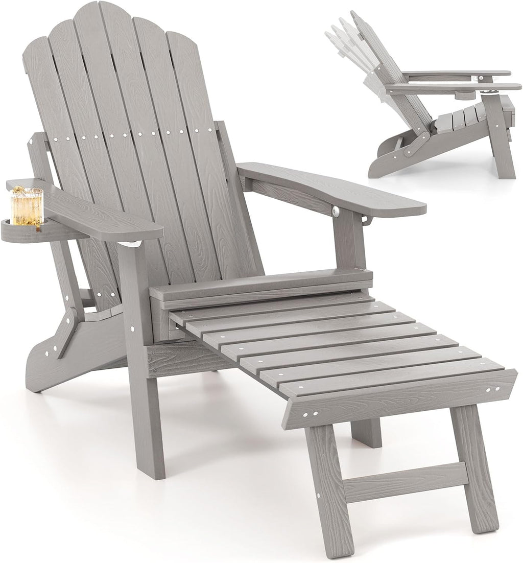 GIANTEX Folding Adirondack Chair, All-Weather Lounge Chair with Adjustable Backrest, Retractable Ottoman, Cup Holder, HIPS Fire Pit Chair for Lawn, Pool, Patio, Porch (1, Gray)