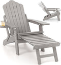 GIANTEX Folding Adirondack Chair, All-Weather Lounge Chair with Adjustable Backrest, Retractable Ottoman, Cup Holder, HIPS Fire Pit Chair for Lawn, Pool, Patio, Porch (1, Gray)