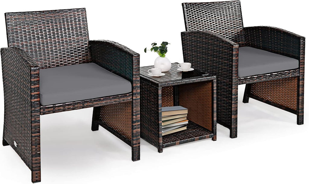 Tangkula 3-Piece Outdoor Furniture Set, Patio Wicker Conversation Set, Grey