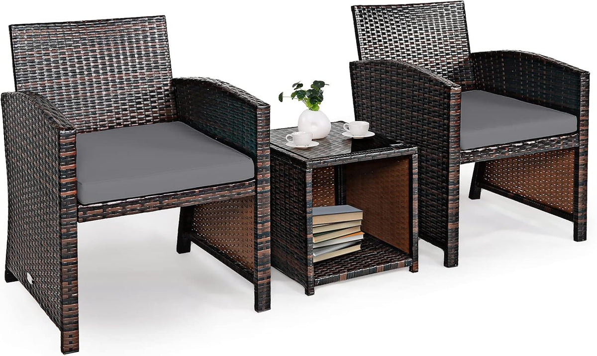 Tangkula 3-Piece Outdoor Furniture Set, Patio Wicker Conversation Set, Grey
