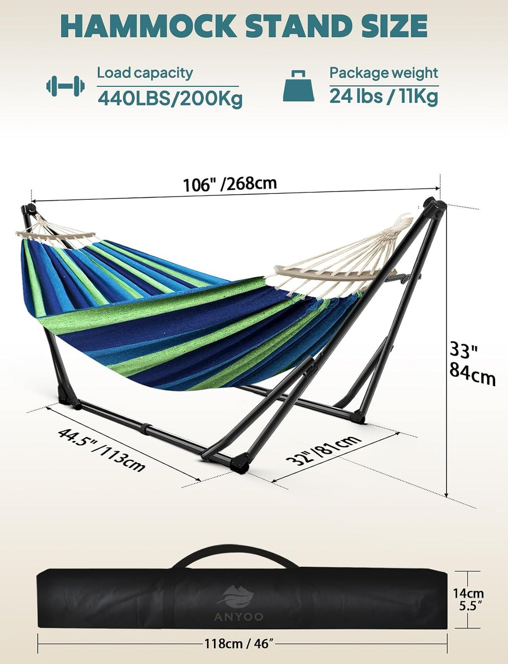anyoo 2-in-1 hammock & chair stand with collapsible, close-up detail