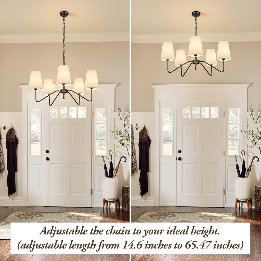 5-Light Black 30” Modern Chandelier with White Shades for Dining Room