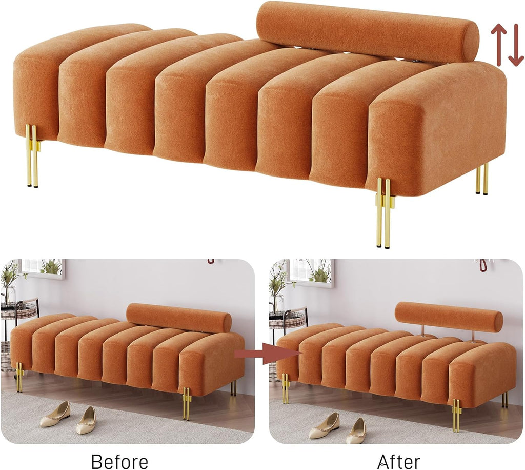 52.2" Velvet Upholstered Bench Ottoman with Adjustable Backrest, Orange