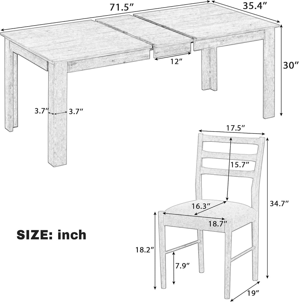 7 Pieces Dining Table Set Wooden Rectangle Extendable Table with 12” Leaf and 2 Drawers, 6 Dining Chairs with Soft Cushion, Kitchen Dining Room Set for 6 Persons (Brown + White)