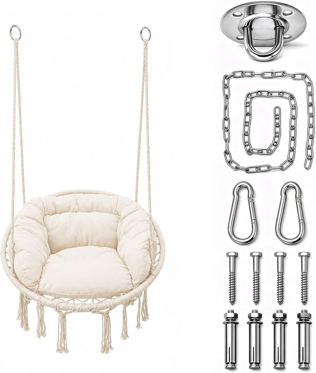 Athena Collection Hammock Chair with Hardware Kit & & Cozy Cushion, White