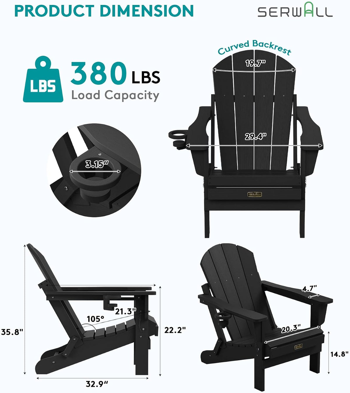 SERWALL Folding Adirondack Chair Set of 4, Fire Pit with Cup Holder -Black