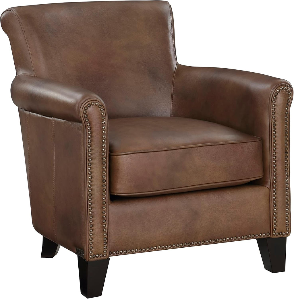 Lexicon Top Grain Genuine Leather Chair, Rolled Armrest, Classic Brown