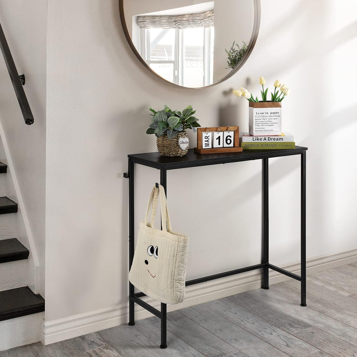 Black Modern Narrow Entryway Table - Skinny Sofa Table with Hooks for Living Room, Foyer, Bedroom, Corridor, Office