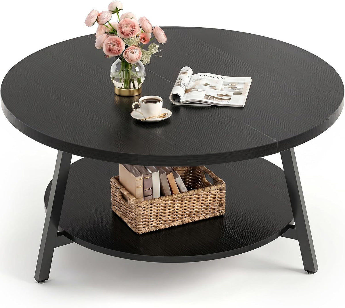 Armocity 35.4" Round Wood Coffee Table with 2-Tier Storage, 1" Thick Top