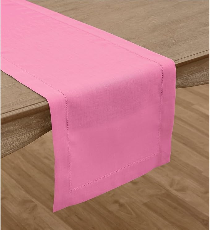 Solino Home Linen Flamingo Pink Hemstitch Table Runner 60 Inches - 100% Pure Linen Small Table Runner 14 x 60 Inch Ideal for Dresser and Coffee Tables - Classic Hemstitch, Halloween