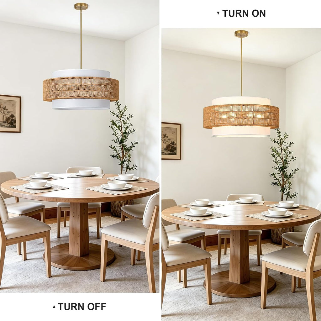 25.6" rattan chandelier for dining room, 6-light boho, side view