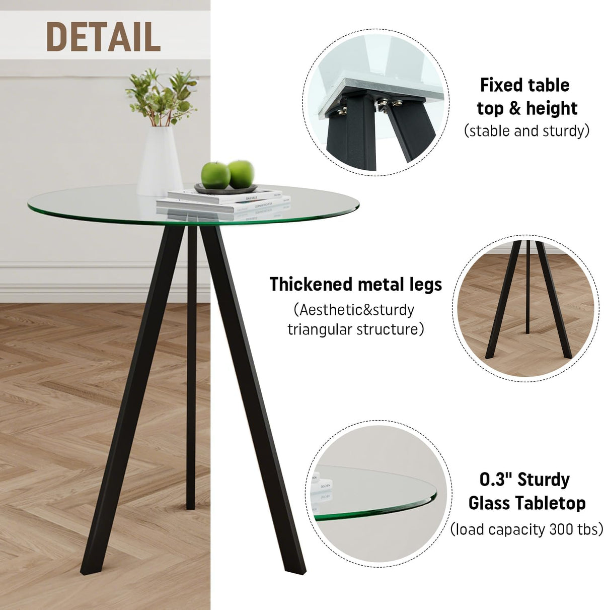 Round Bar Table, 37.4" High Pub Table, 31" Small Cocktail Table with Metal Base & Glass Top, for Small Spaces, Bistro Pub, Cafe(Black)