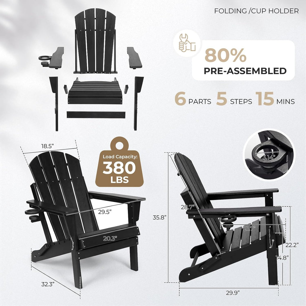 HDPE Folding Adirondack Chair, Outdoor Patio Chair with Cup Holder, Weather Resistant Wood Grain Lawn Chair for Backyard, Garden, Fire Pit, Deck, Black