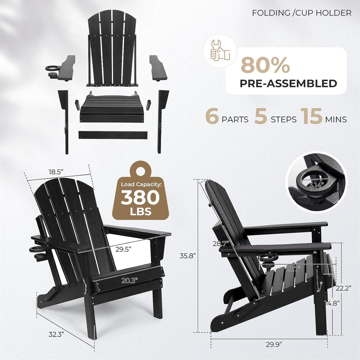 HDPE Folding Adirondack Chair, Outdoor Patio Chair with Cup Holder, Weather Resistant Wood Grain Lawn Chair for Backyard, Garden, Fire Pit, Deck, Black