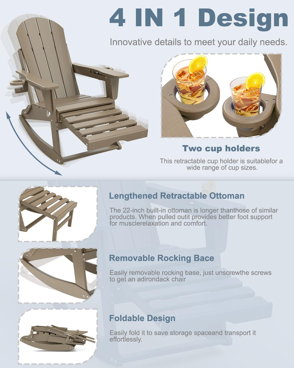 NAVINE Adirondack Rocking Chairs Set of 2 with Retractable Ottoman, Brown