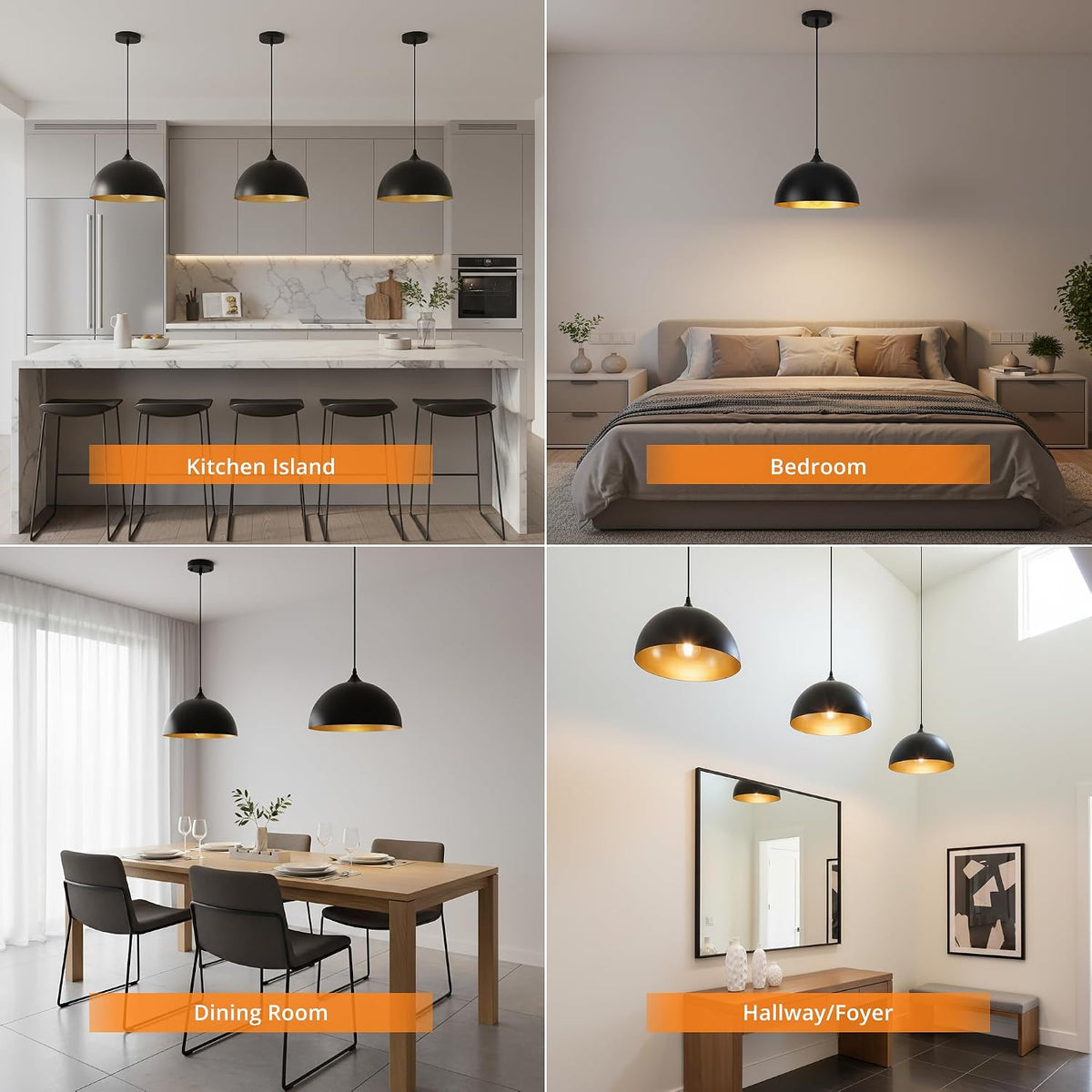 3 Pack Black Pendant Lights Kitchen Island, 11.8'' Modern Dome Pendant Light Farmhouse Hanging Light Fixture for Dining Room Restaurant Foyer Bar Cafe Sink