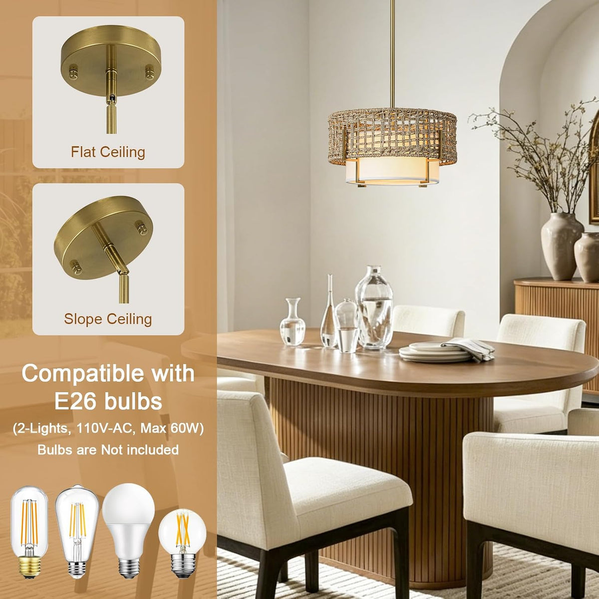 12.6" rattan pendant light, boho chandelier for kitchen, close-up detail