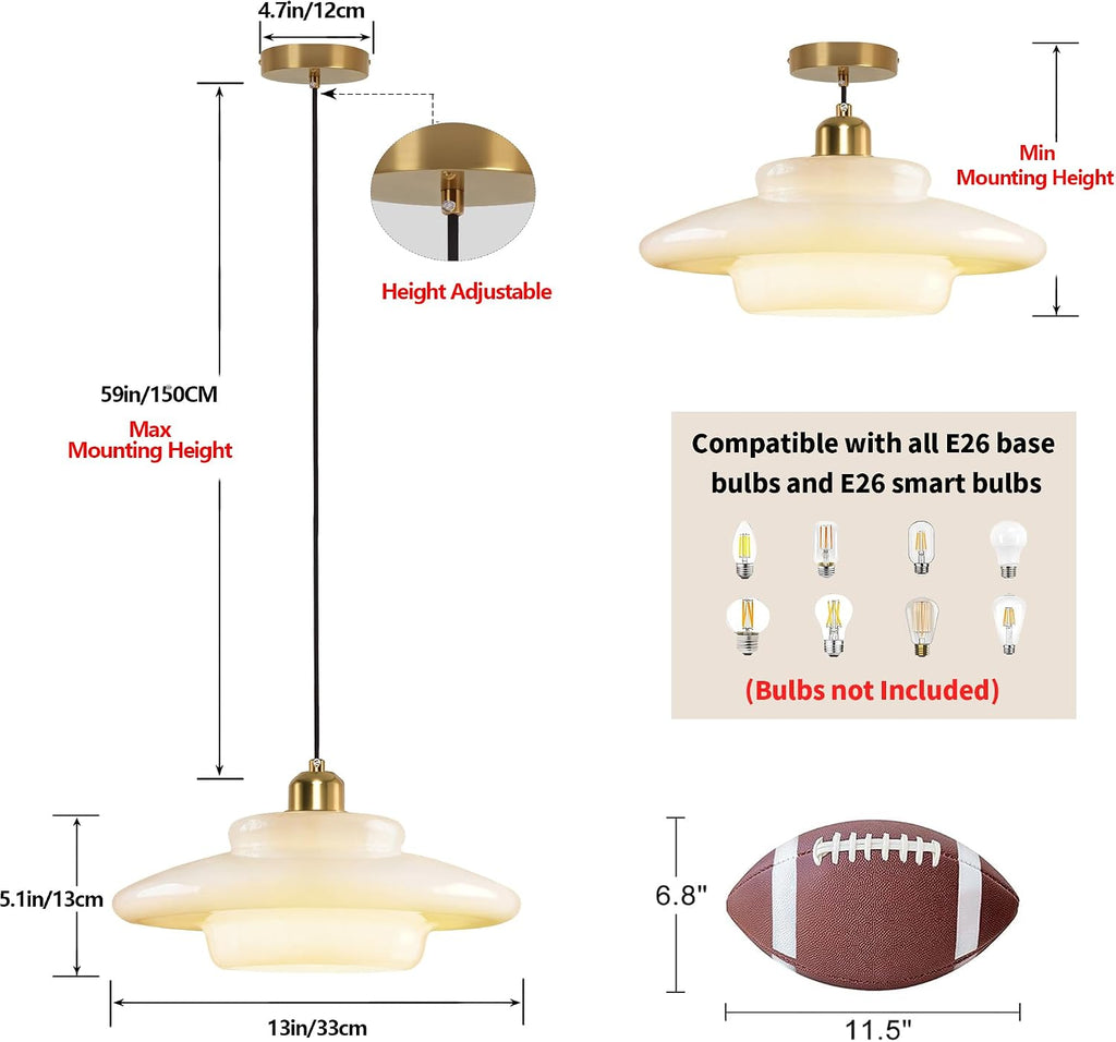 milk glass pendant light: mid century modern gold, side view