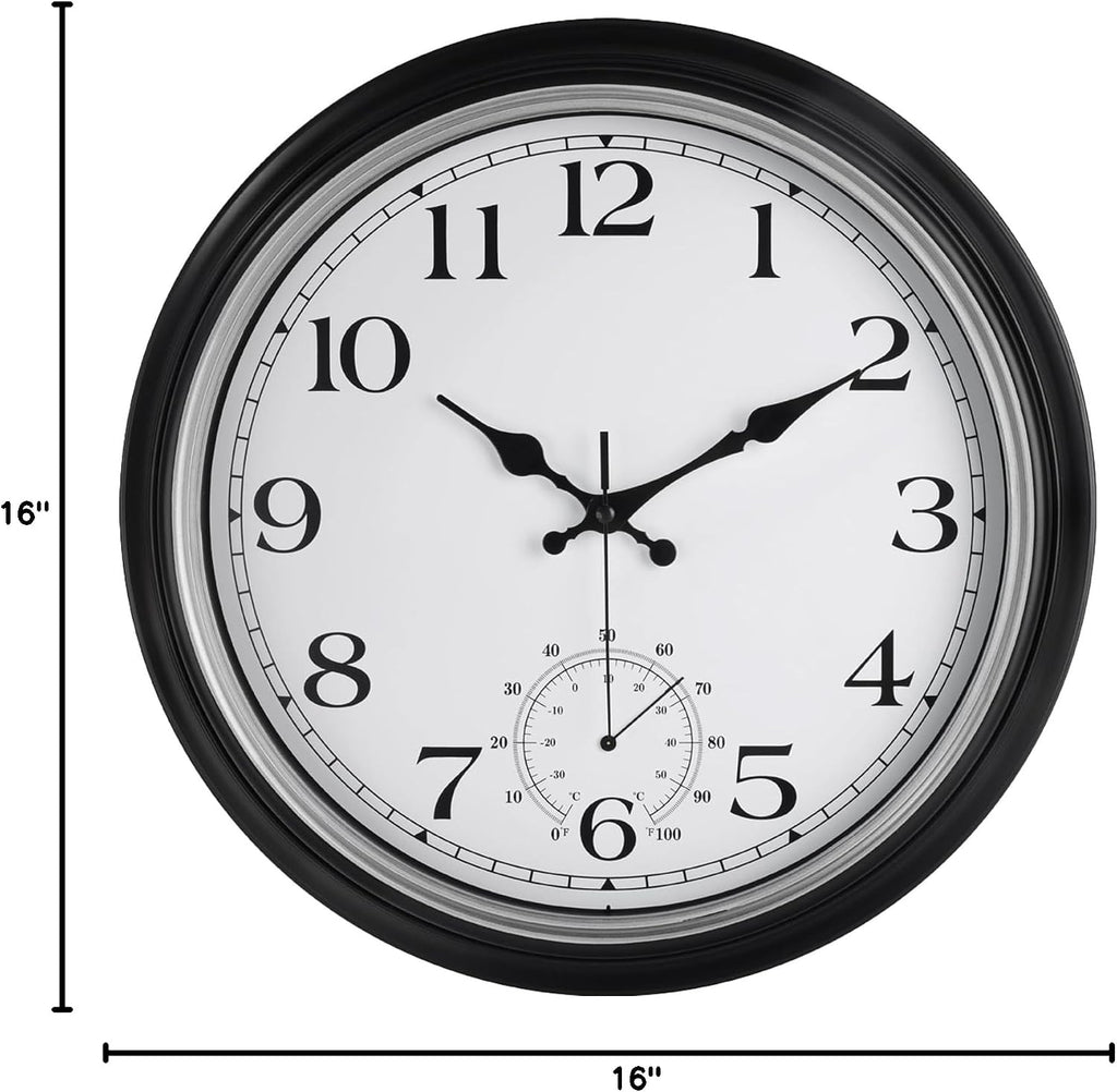 JoFomp Large Waterproof Outdoor Clock with Thermometer Combo - 16 inch Silent Non Ticking Quartz Battery Operated Wall Clock for Patio, Home, Pool, Garden, Porch, Deck (Silver, 16 Inch)