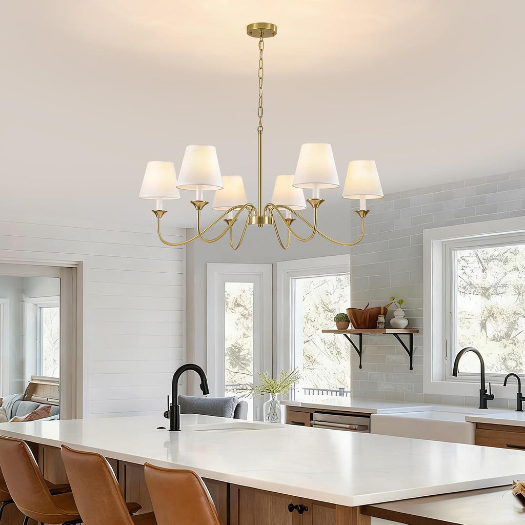 6 Lights Modern Brass Gold Chandeliers for Dining Room, Farmhouse Chandelier 35.8" Hanging Light Fixture, Adjustable Pendant Lights with White Fabric Shade for Kitchen Living Room Bedroom